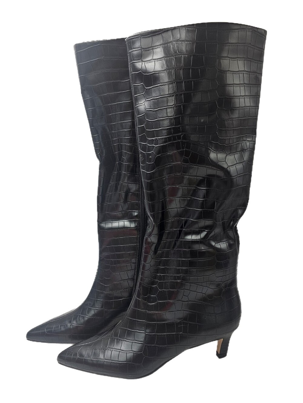 Nordstrom Dauphine Black Croc Pointed Toe Kitten Heel Knee High Boots 7M NWOB